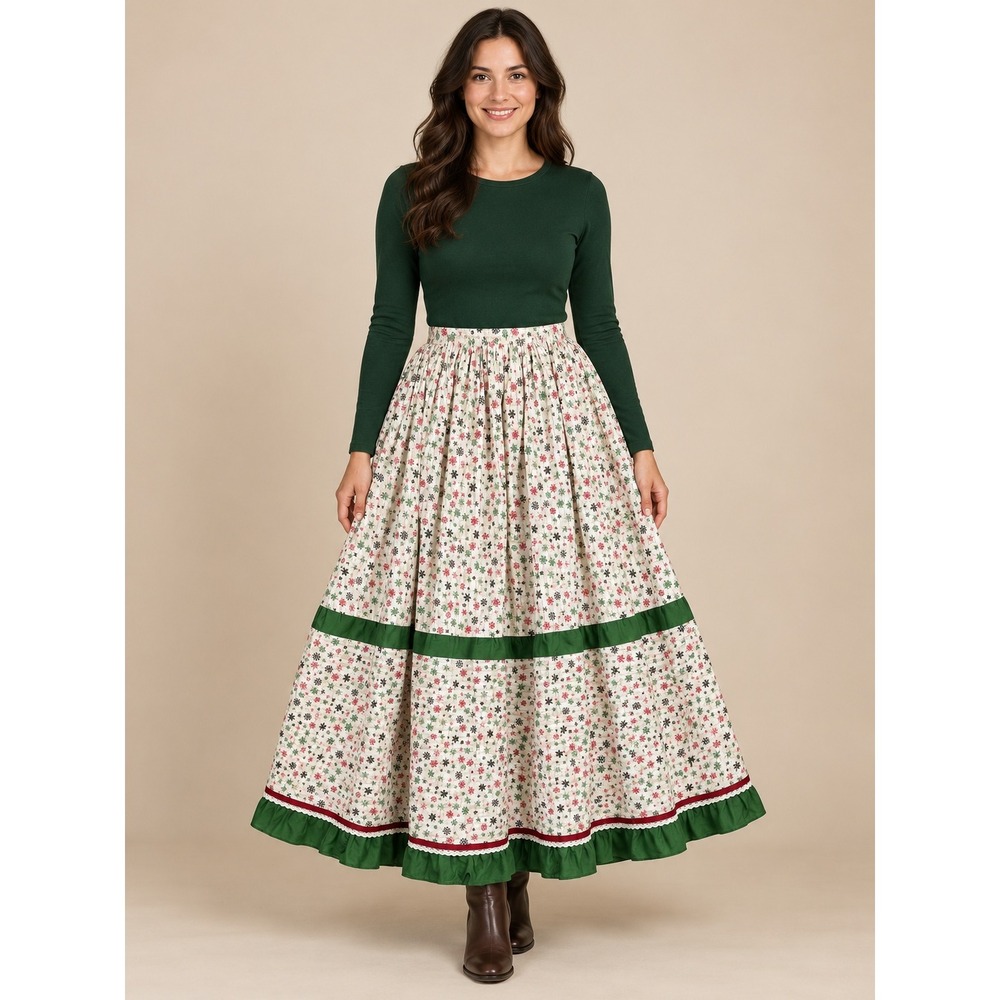 Christmas Snowflake Handmade Maxi Skirt Medium Green Ruffle Holiday Cottagecore